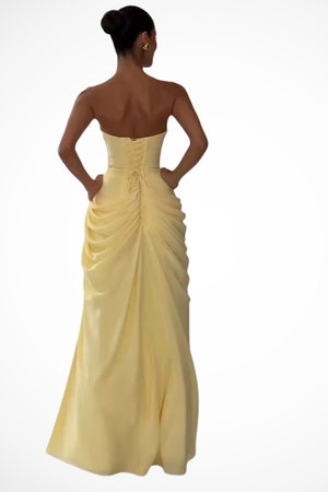 Women’s Strapless Ruched Evening Maxi Dress with High Slit