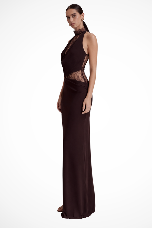 Women’s Halter Neck Evening Gown Maxi Dress with Lace Detail