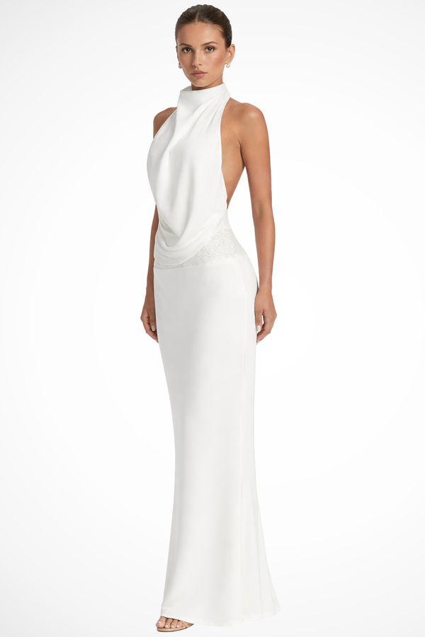 Women's Halter Neck Draped Satin Maxi Dress