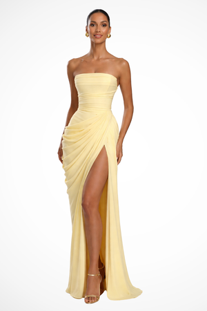 Women's Strapless Ruched Maxi Dress with Thigh Slit