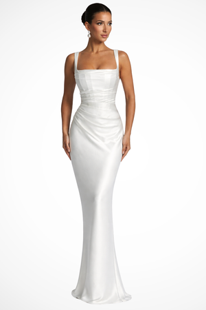 Square Neck Ruched Satin Maxi Dress for Weddings
