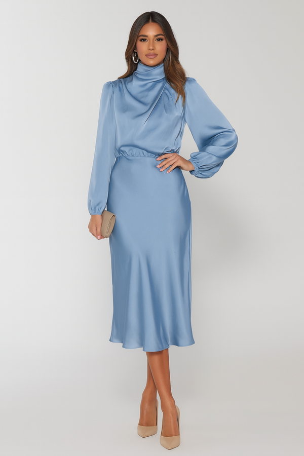 Elegant Long-Sleeved Satin Dress with Luxe Finish