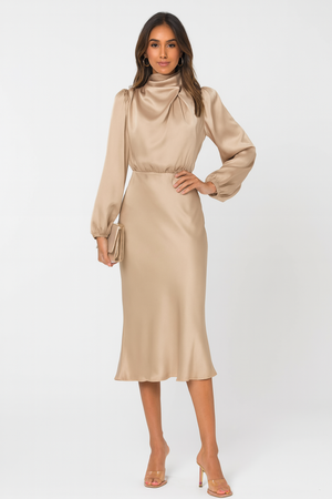 Elegant Long-Sleeved Satin Dress with Luxe Finish