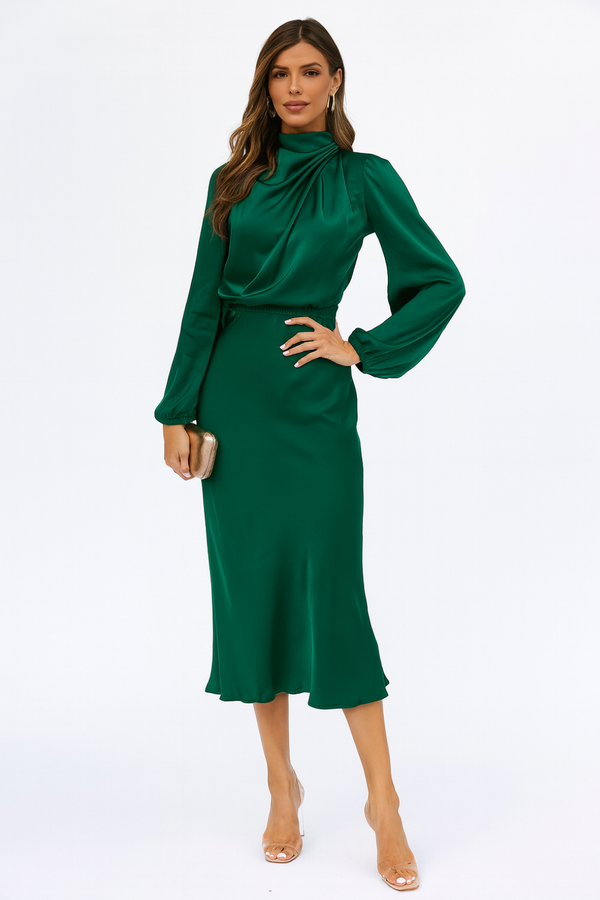 Elegant Long-Sleeved Satin Dress with Luxe Finish