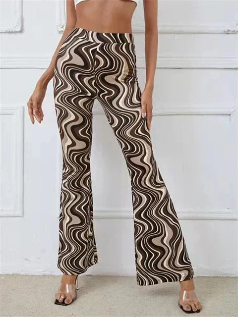 Women's Retro Wave Print Flared Pants