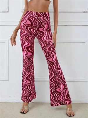 Women's Retro Wave Print Flared Pants
