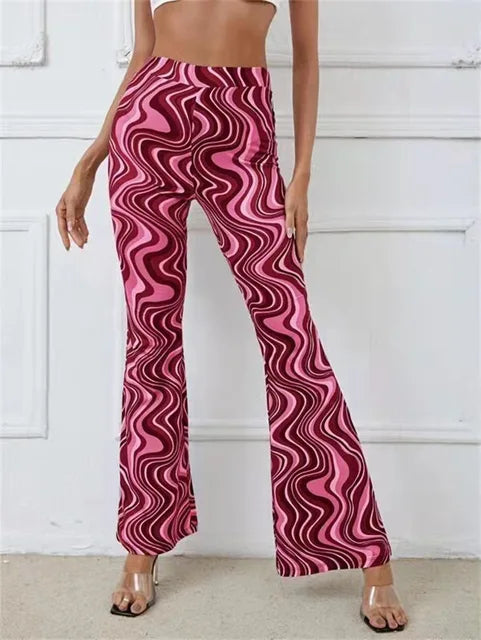 Women's Retro Wave Print Flared Pants