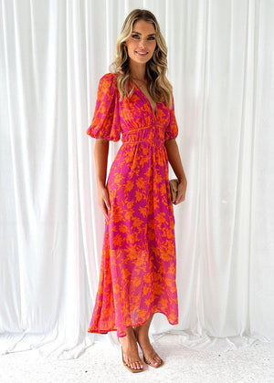 Chic Floral Midi Dress for Women with Puff Sleeves and V-neck