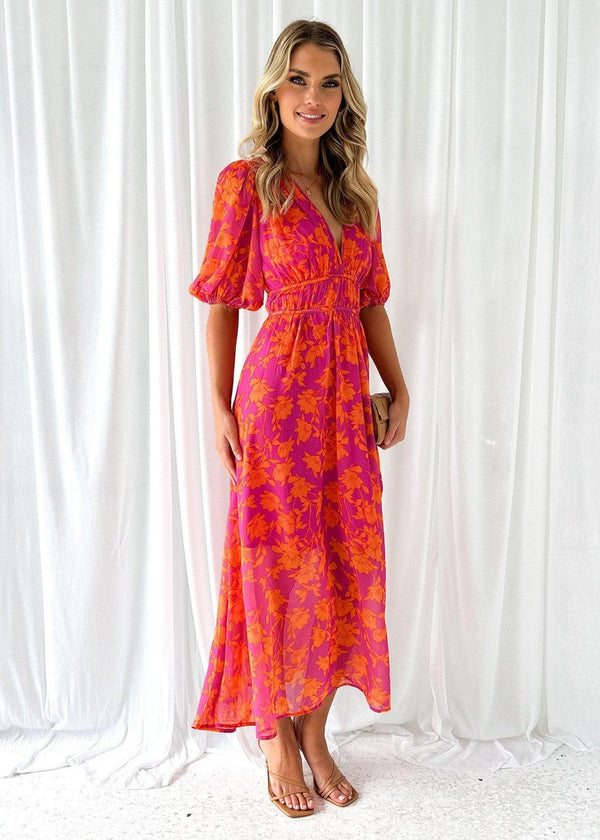 Chic Floral Midi Dress for Women with Puff Sleeves and V-neck