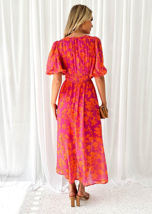 Chic Floral Midi Dress for Women with Puff Sleeves and V-neck