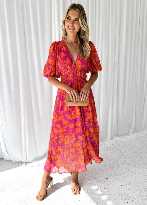 Chic Floral Midi Dress for Women with Puff Sleeves and V-neck