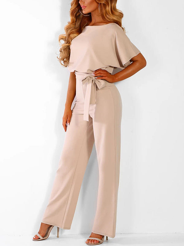 Women's Long Jumpsuit Short Sleeve Ruffled Belt
