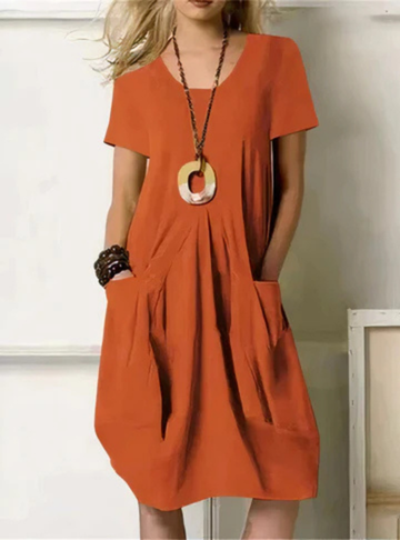 Vestido midi relajado para mujer con detalle de bolsillo fruncido