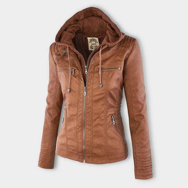Women's Faux Leather Jacket with Hood