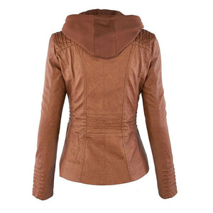 Women's Faux Leather Jacket with Hood