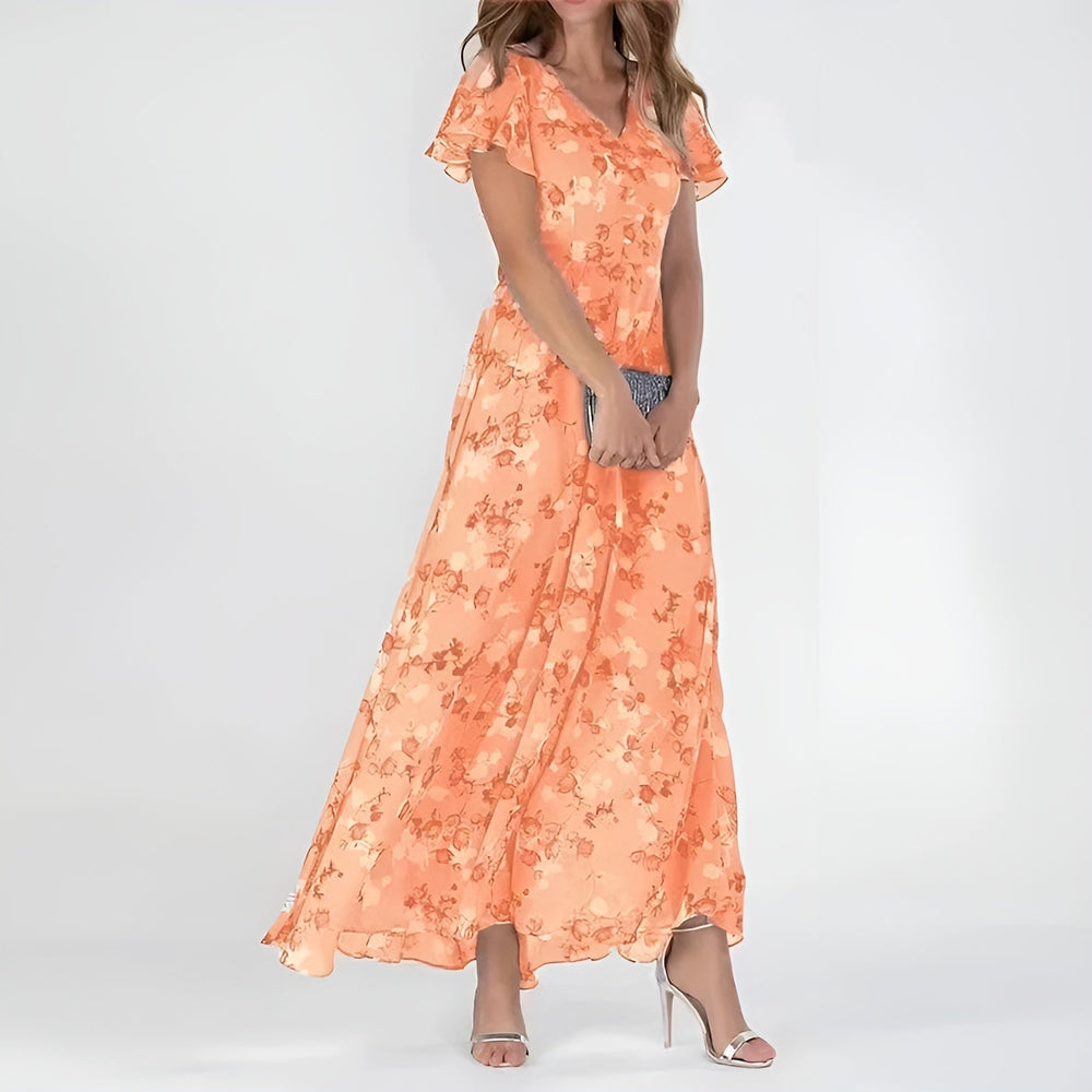 Women’s Romantic Floral Maxi Dress with Flutter Sleeves