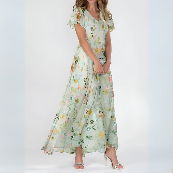 Women’s Romantic Floral Maxi Dress with Flutter Sleeves