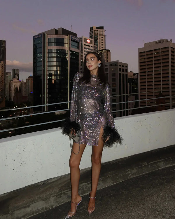 Elegant Metallic Sheer Feather Mini Dress
