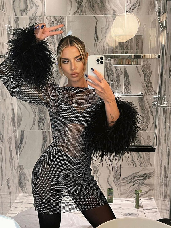 Elegant Metallic Sheer Feather Mini Dress