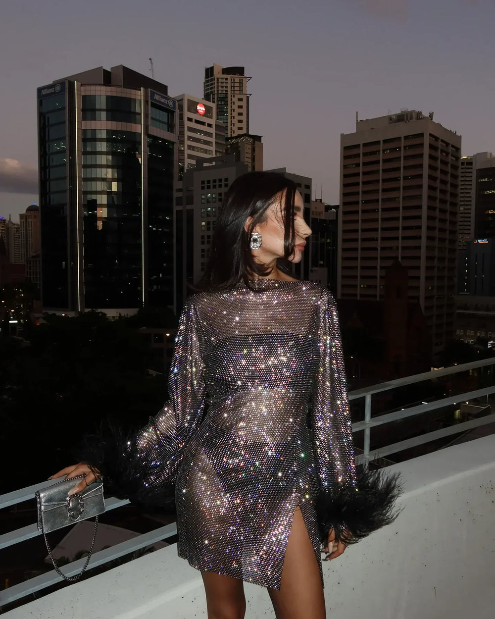 Elegant Metallic Sheer Feather Mini Dress