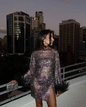 Elegant Metallic Sheer Feather Mini Dress