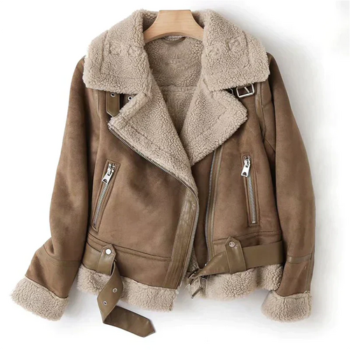 Chaqueta de motorista para mujer de piel sintética tipo borrego