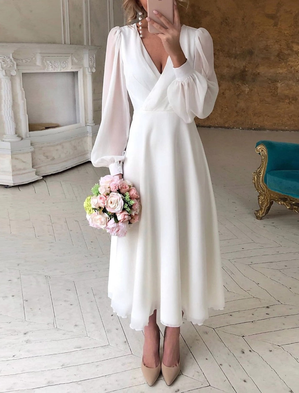 Elegant Midi Wedding Dress for Women with Long Sleeves