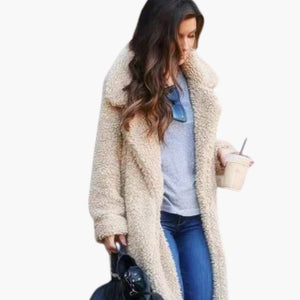 Women's Long Teddy Coat with Lapel Collar