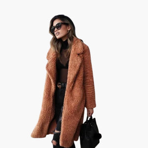 Women's Long Teddy Coat with Lapel Collar