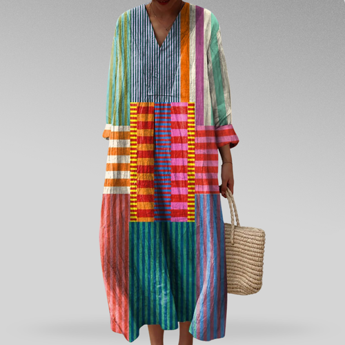 Women's Artistic Colorblock Stripe V-Neck Midi Dress