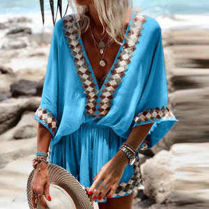 Stylish V-Neck Printed Trim Loose Short Jumpsuit