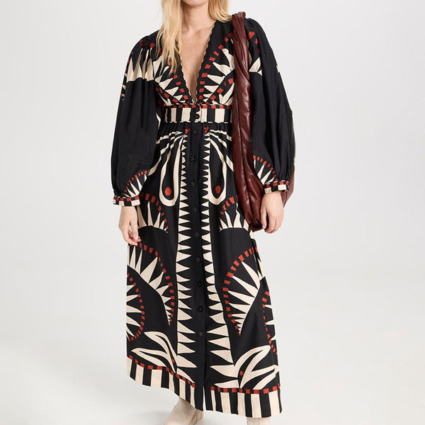 Elegant Long Sleeve Maxi Dress - Flowy V-Neck Design