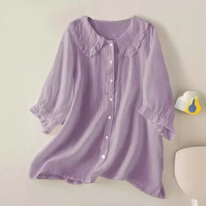 Lightweight Loose-Fit Women's Cotton Linen Shirt with Ruffled Peter Pan Collar