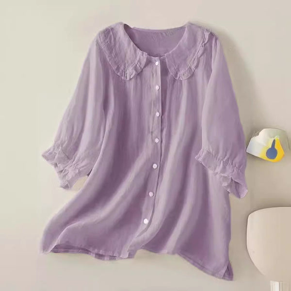 Lightweight Loose-Fit Women's Cotton Linen Shirt with Ruffled Peter Pan Collar