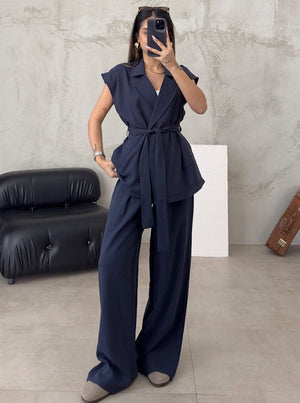 Women's Belted Vest & Wide Leg Pants Set