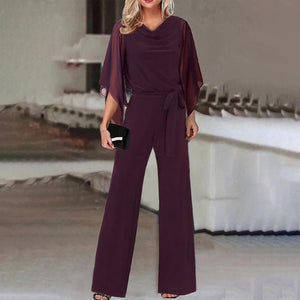 Women's Elegant Draped Neck Jumpsuit with Chiffon Cape Sleeves