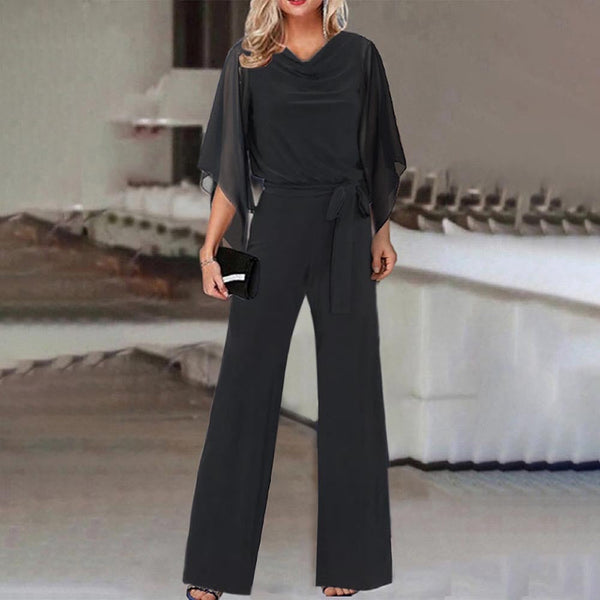 Women's Elegant Draped Neck Jumpsuit with Chiffon Cape Sleeves