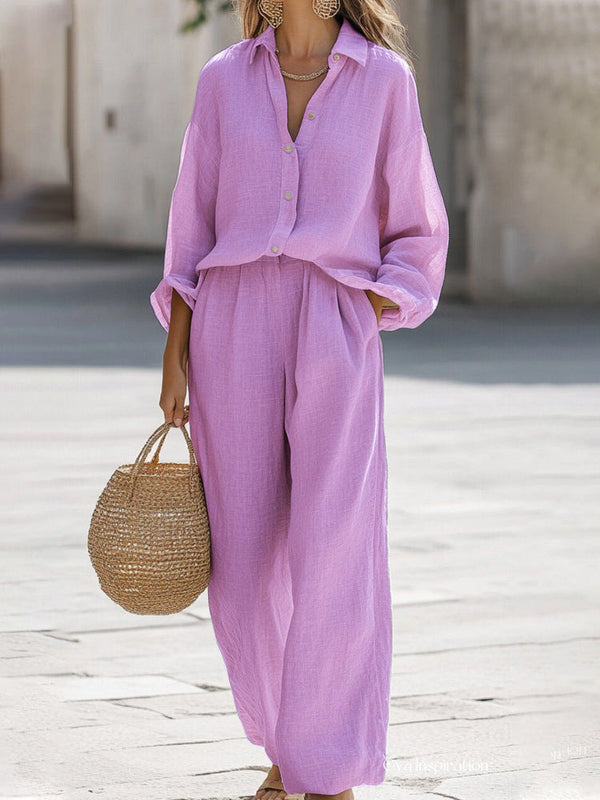 Women's Button-Up Long Sleeve Top and Wide-Leg Pants Two-Piece Set
