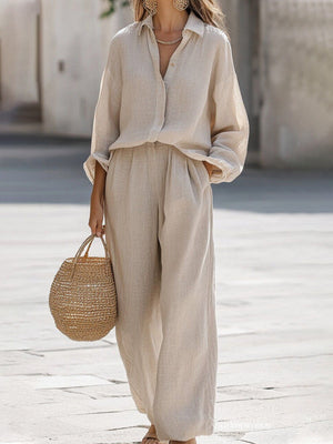 Women's Button-Up Long Sleeve Top and Wide-Leg Pants Two-Piece Set