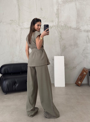Women's Belted Vest & Wide Leg Pants Set