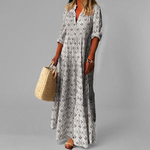 Lightweight Vintage Maxi Dress – Loose Fit – V-Neck 3/4 Sleeve