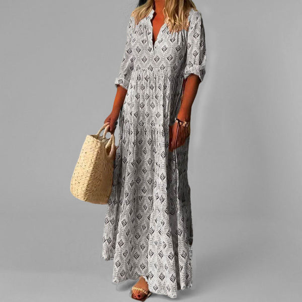 Lightweight Vintage Maxi Dress – Loose Fit – V-Neck 3/4 Sleeve