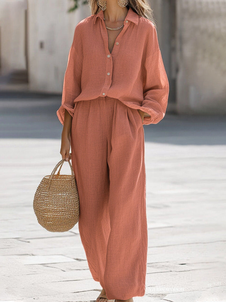 Women's Button-Up Long Sleeve Top and Wide-Leg Pants Two-Piece Set