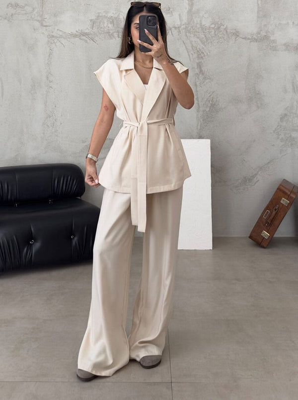 Women's Belted Vest & Wide Leg Pants Set