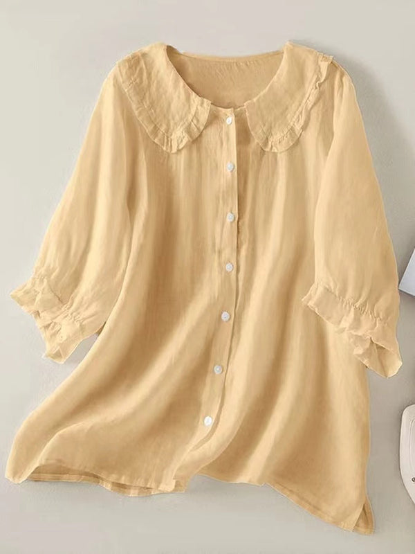 Lightweight Loose-Fit Women's Cotton Linen Shirt with Ruffled Peter Pan Collar