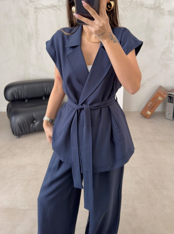 Women's Belted Vest & Wide Leg Pants Set