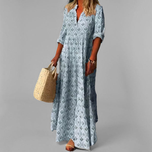 Lightweight Vintage Maxi Dress – Loose Fit – V-Neck 3/4 Sleeve