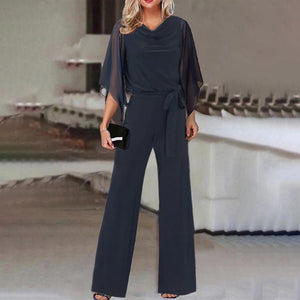 Women's Elegant Draped Neck Jumpsuit with Chiffon Cape Sleeves