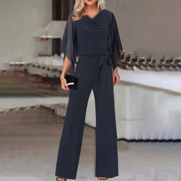 Women's Elegant Draped Neck Jumpsuit with Chiffon Cape Sleeves