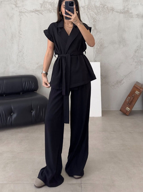 Women's Belted Vest & Wide Leg Pants Set